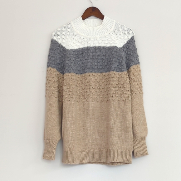 Calvin Klein Colorblocked Popcorn Knit Mock Neck Sweater Gray Large‎ - Picture 2 of 8